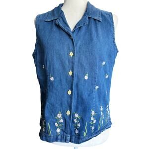 Vintage 90s Cottagecore Embroidered Denim Sleeveless Button Down Size Large